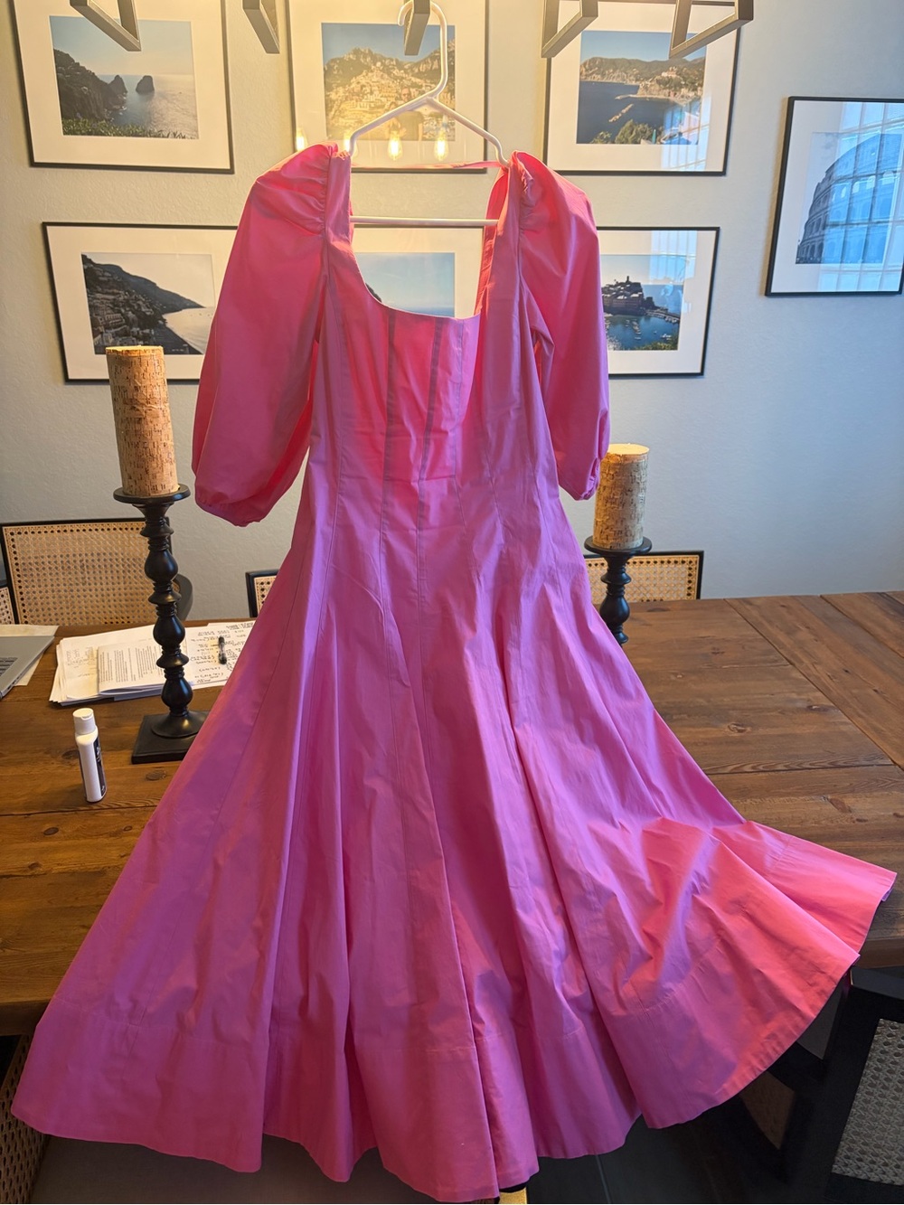 STAUD Hot Pink Puff-Sleeve Maxi Dress